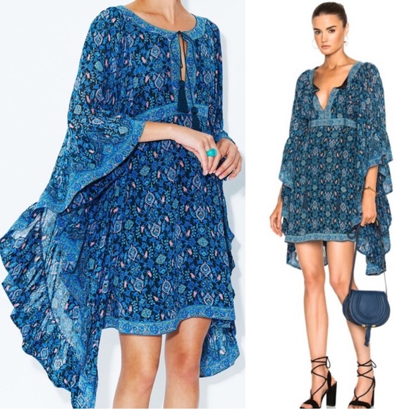 Talitha Dresses & Skirts - Talitha Maharaja Waterfall Sleeve Bell Sleeve Mini Dress Blue 100% Silk Small